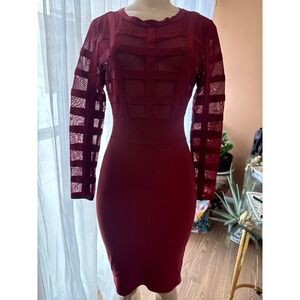 Chocolate USA Burgundy Bandage Dress Mesh Cage Long Sleeve Bodycon Womens Medium
